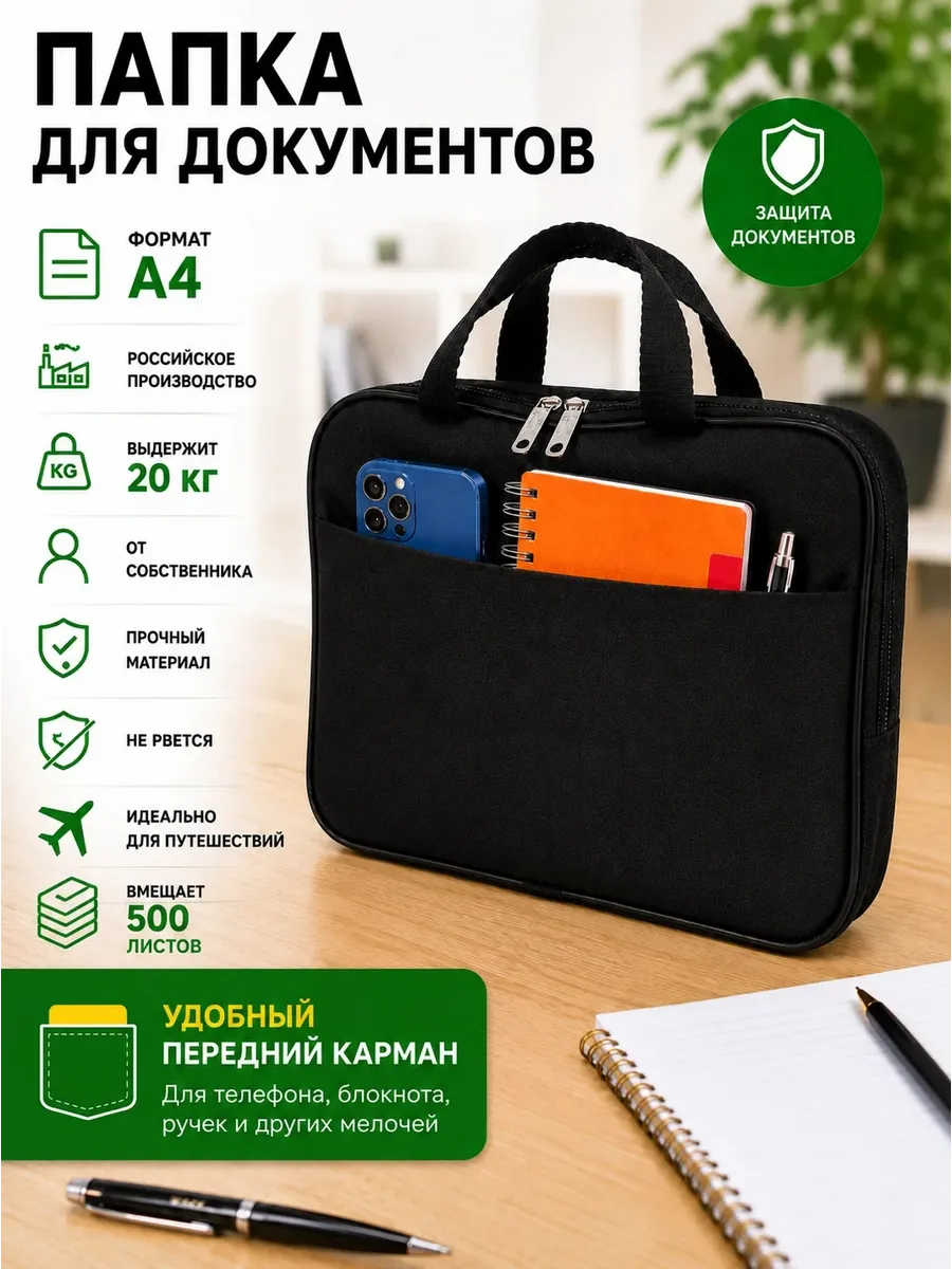 Папка сумка для документов А4 с ручками на молнии