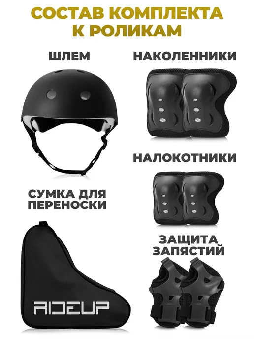 RideUP Роликовые коньки раздвижные со шлемом и защитой, черный, фото 2
