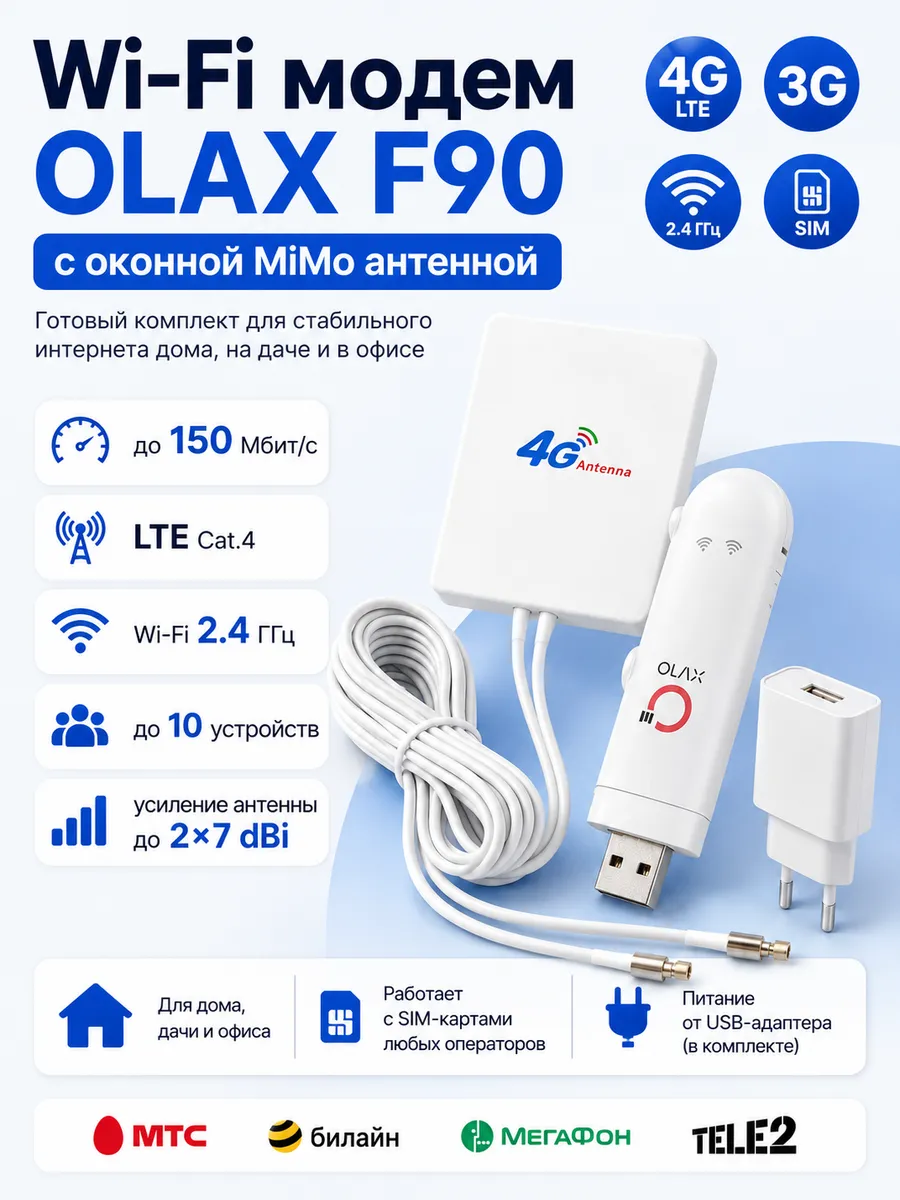 4G Модем F90 Wi-Fi с оконной MiMo антенной и адаптером USB