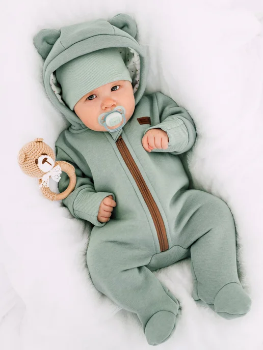 CHILD Kosmos Nik Комбинезон для новорожденных с начесом из футера, зеленый, фото 4