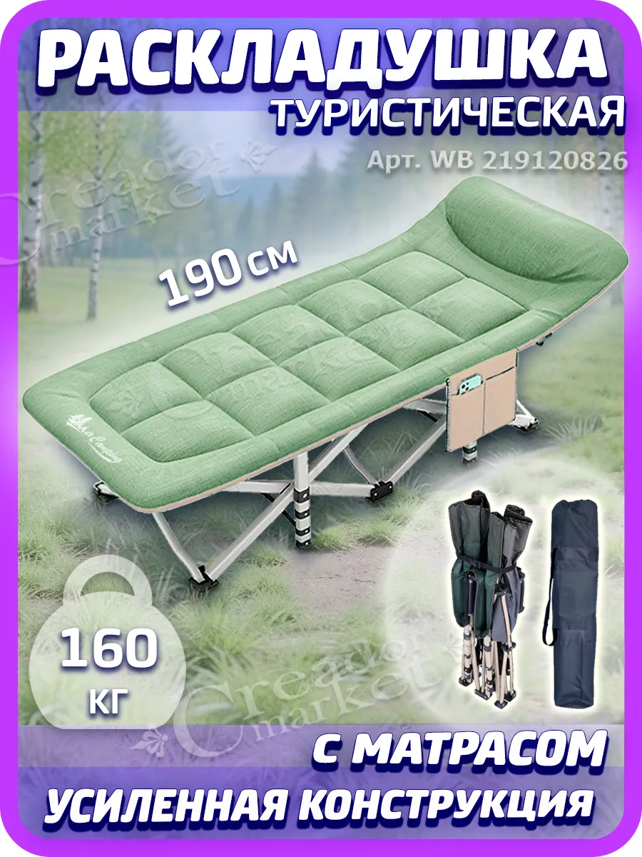 Раскладушка туристическая складная усиленная с матрасом