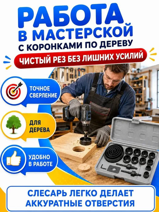 Комплект коронок по дереву Набор коронок по дереву и гипсокартону 16 в 1, вариант, фото 2