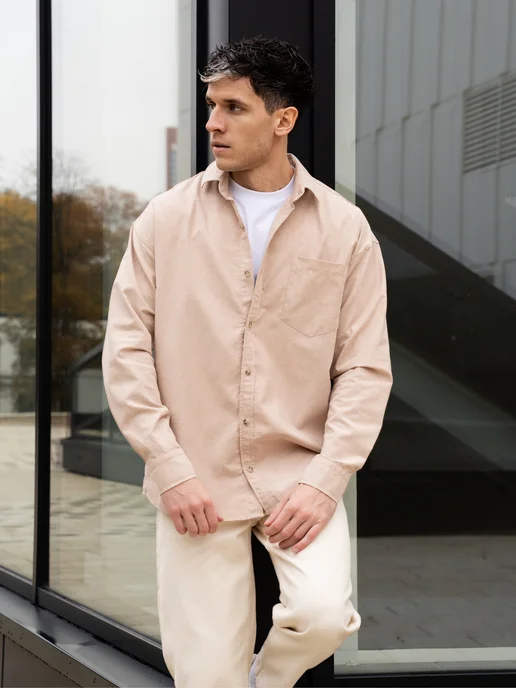 D&U mens Рубашка с длинным рукавом оверсайз, бежевый, фото 7