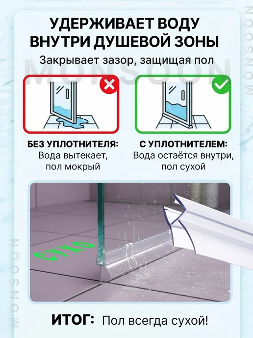 MONSOON˙ Уплотнитель для душевой кабины 8 мм ТЦ17 У3181 73 см, вариант, фото 2