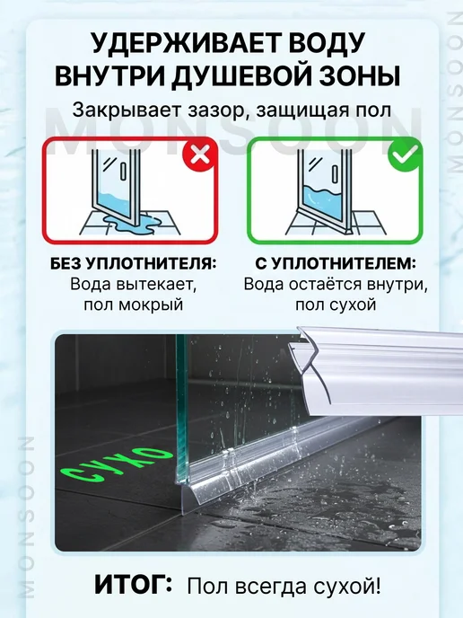 MONSOON˙ Уплотнитель для душевой кабины 8 мм ТЦ12 У3211 73 см, вариант, фото 3