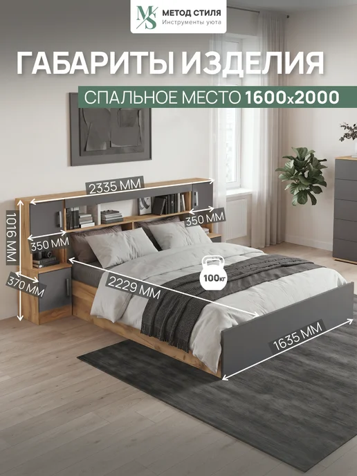 Мебельная компания «МиФ» Двуспальная кровать Басямиф 1,6, серый, фото 2