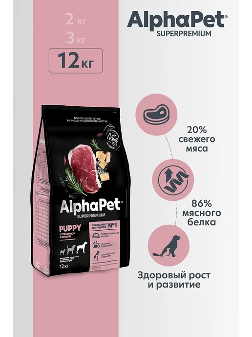 Сухой корм AlphaPet Рубцом для собак, щенки, говядина, 12 кг