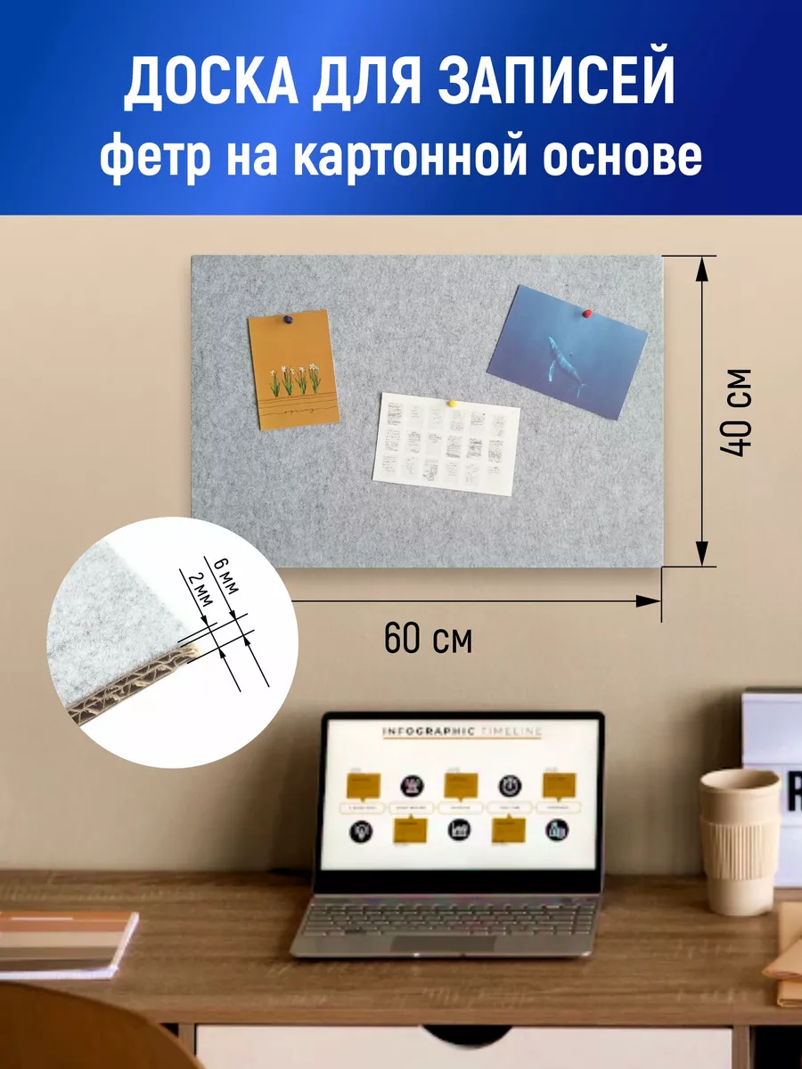 Пробковая доска для заметок серая 60 х 40