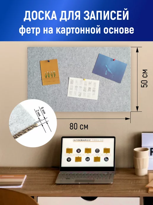 Stendplus Пробковая доска для заметок серая 50 х 80, 50x80