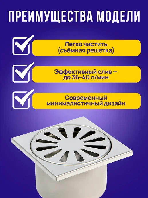 TIM Трап для душа 100х100 мм с вертикальным выпуском, 100x100 мм, фото 2