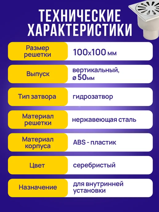 TIM Трап для душа 100х100 мм с вертикальным выпуском, 100x100 мм, фото 5