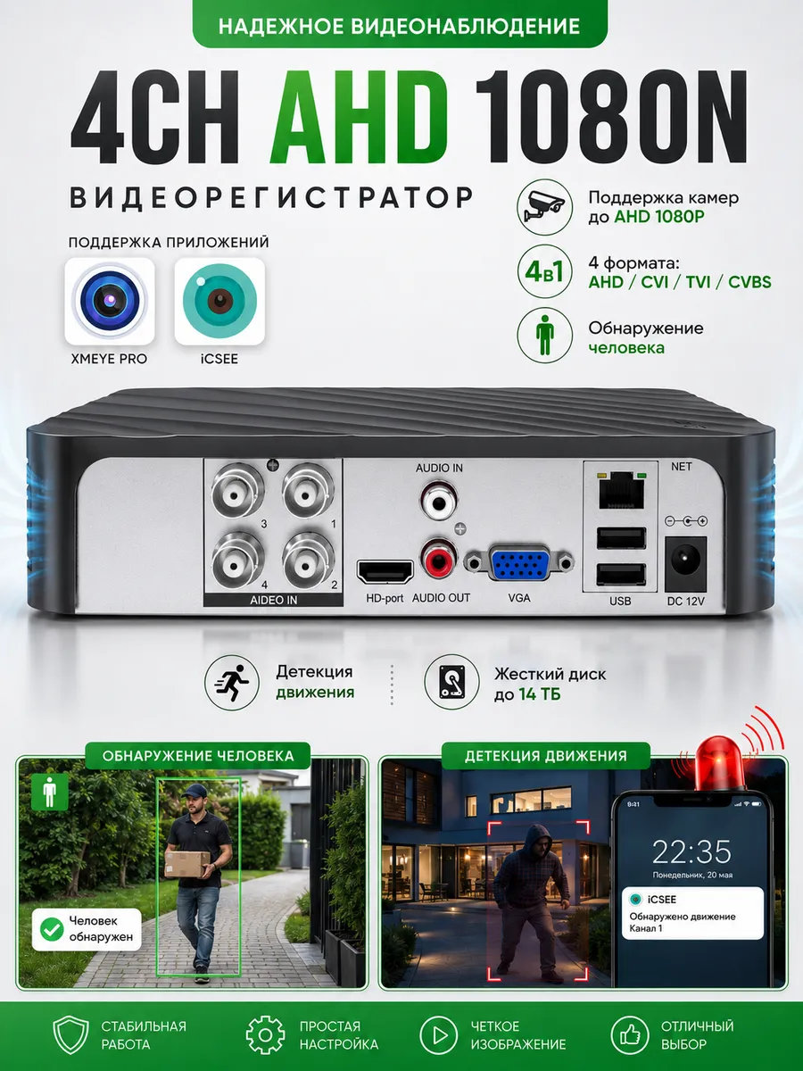 Видеорегистратор гибридный 4 каналов AHD 1080N Xmeye