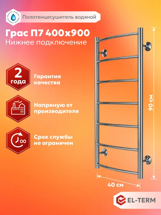 EL-TERM Полотенцесушитель водяной нижнее подключение Грас 400х900, 400x900