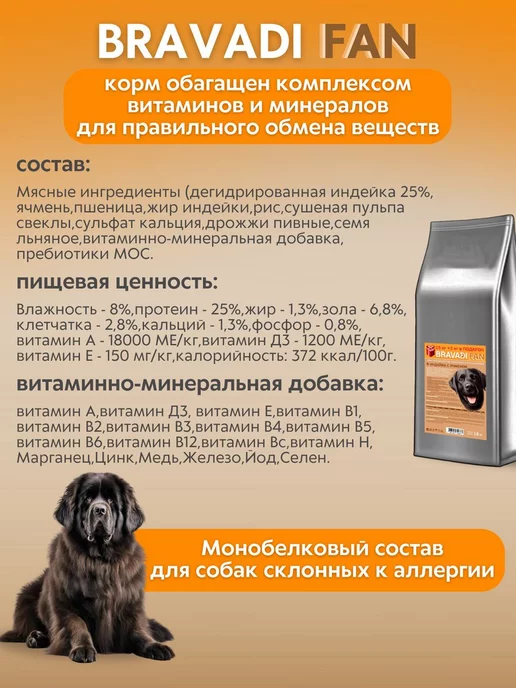 Сухой корм Bravadi Fan для собак, крупные, средние, индейка, 15,05 кг, фото 3