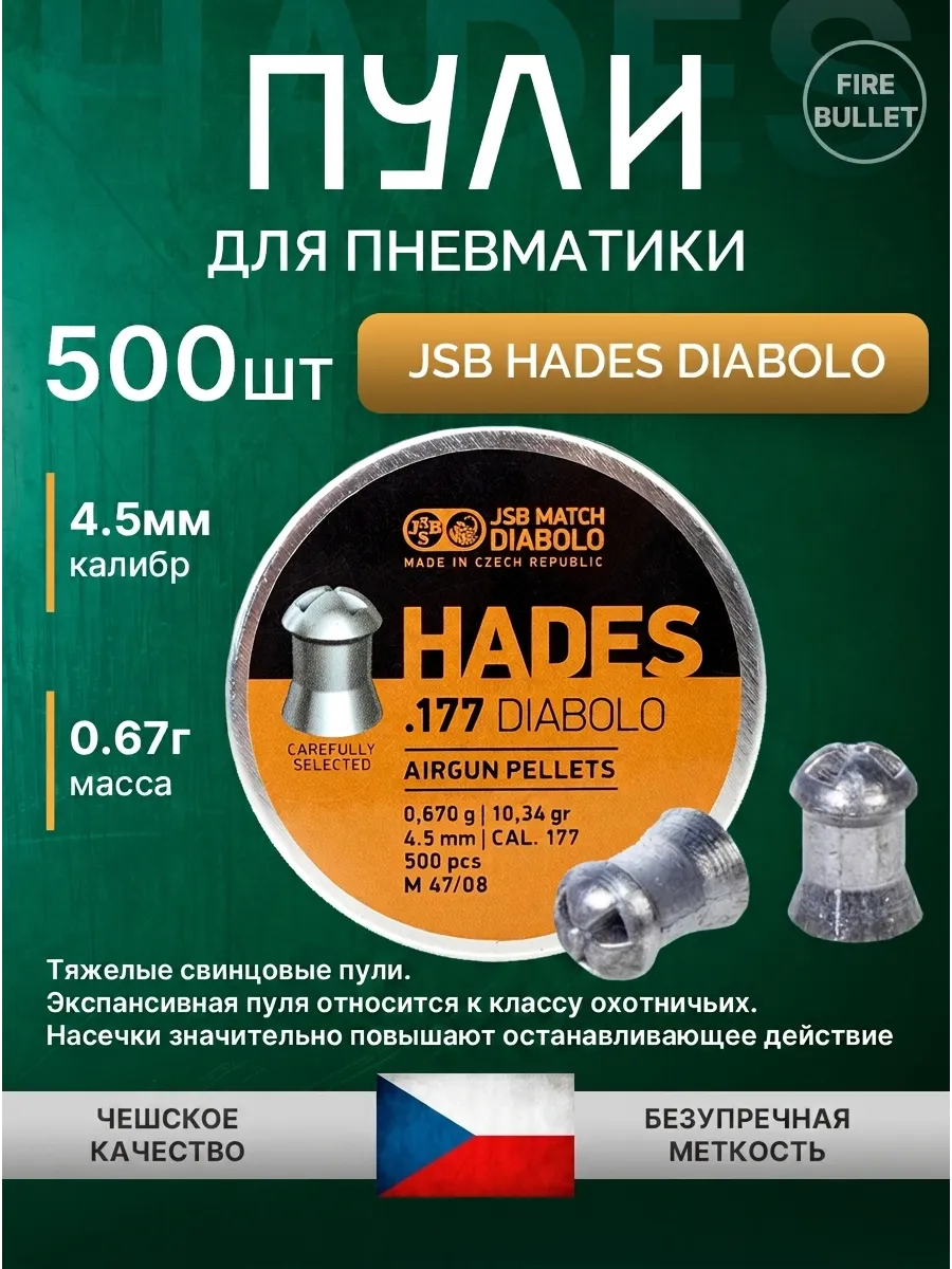 Пули для пневматики 4.5 мм Hades Diabolo 0.67 г экспансивные