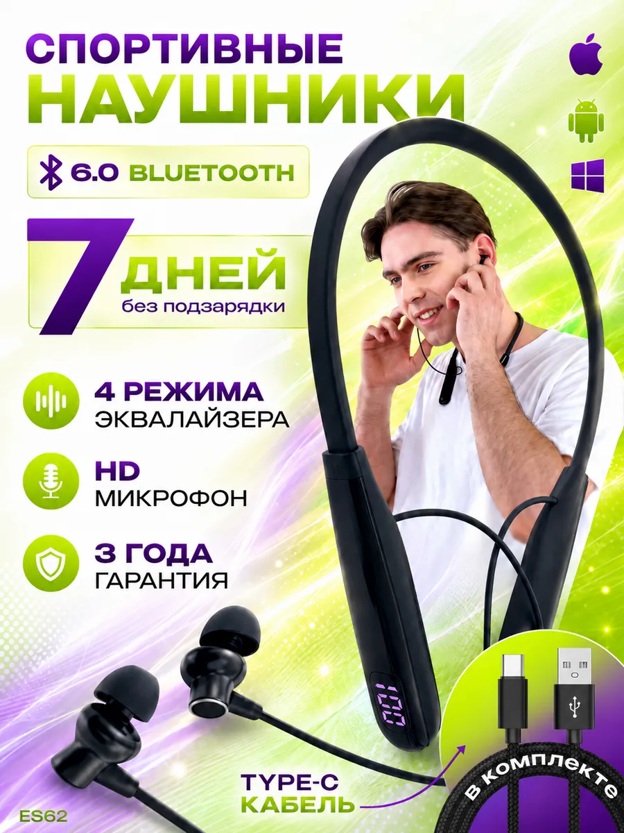 Наушники беспроводные спортивные на шею с микрофоном