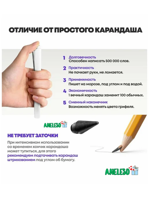 ANELESO Грифели для вечного карандаша простые набор 5 шт, 5 шт, фото 4