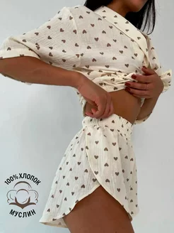 Пижама с шортами муслиновая с сердечками CozyCouture 221484070 купить за 1 813 ₽ в интернет-магазине Wildberries