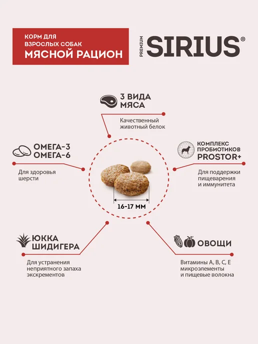 Сухой корм SIRIUS Рацион для собак, мясо, 2 кг, фото 6