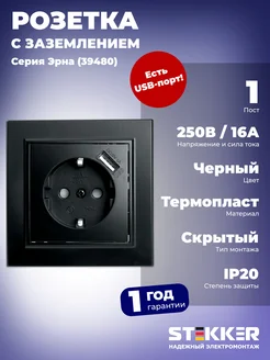 Розетка 1-местная с з 250В 16А с з ш и с USB черный 39480