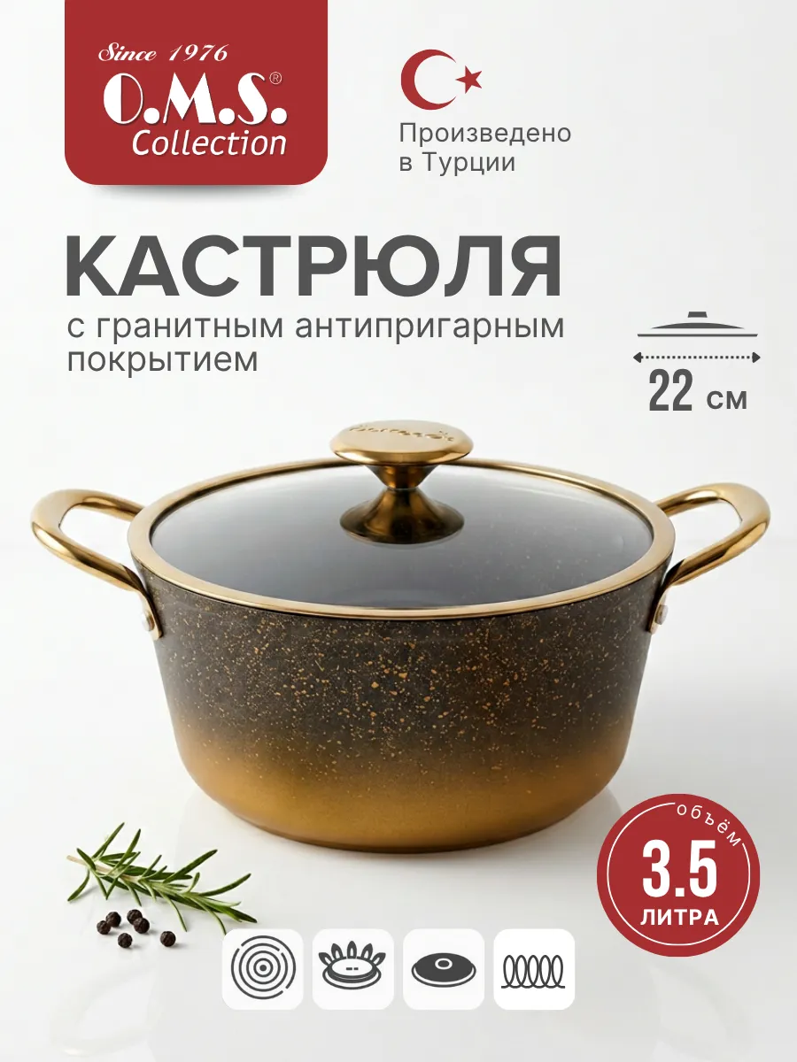 Кастрюля антипригарная с крышкой 22 см индукционная