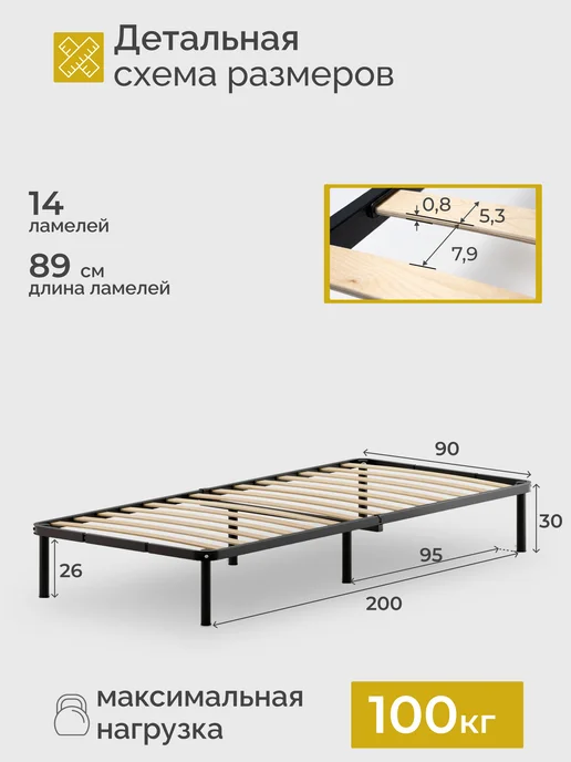 Квадрат Кровать односпальная металлическая Мир 90х200 см, 90x200 см, фото 3