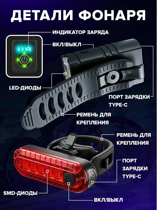 PyurMax Фонарь для велосипеда передний задний, черный, фото 4