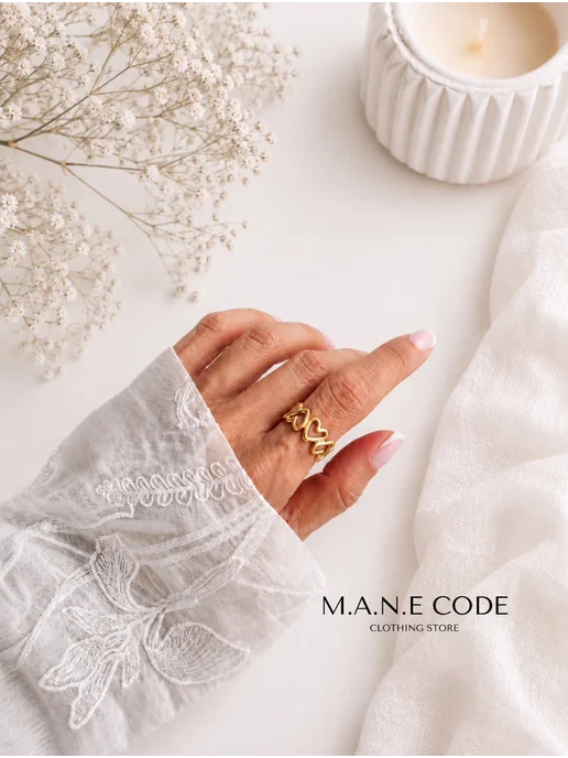 M.A.N.E code Кольцо сердце золотистое широкое бижутерия сталь не темнеет, золотой, фото 7