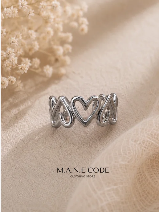 M.A.N.E code Кольцо сердце серебристое бижутерия регулируемое, серебристый, фото 5