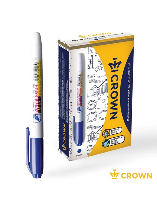 CROWN Маркер для досок 12 шт Multi Board Slim синий 2 мм, 12 шт