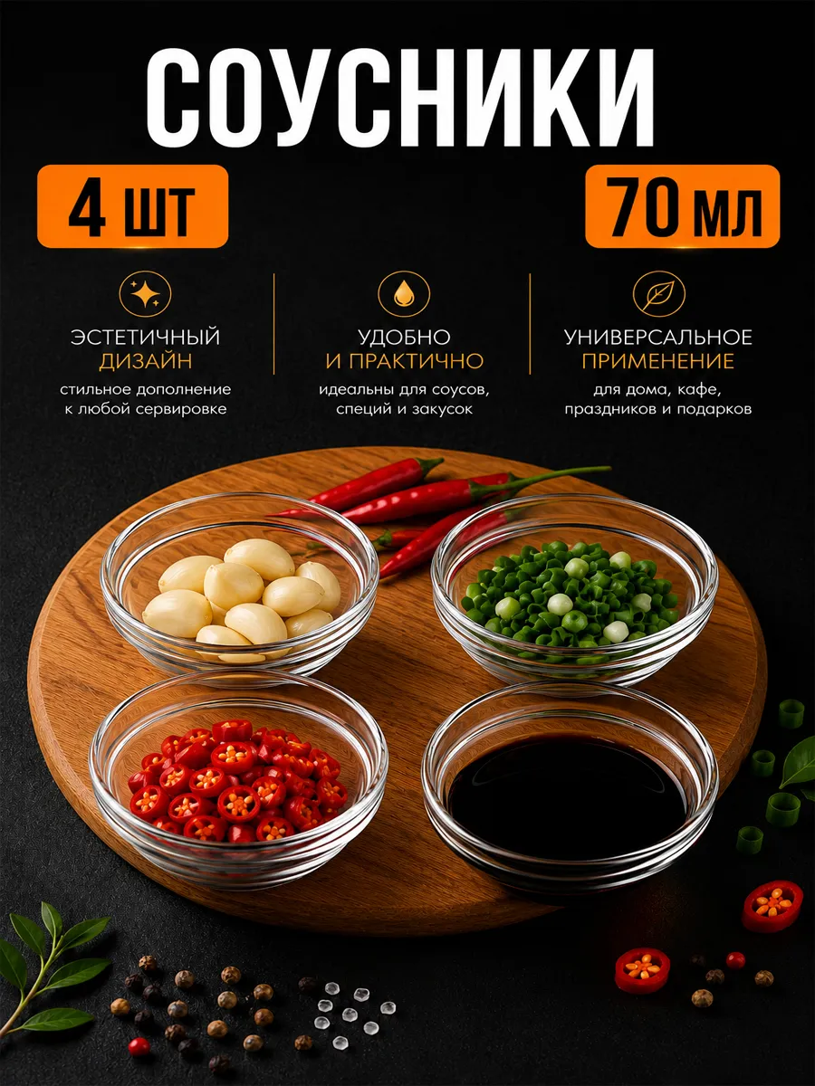 Соусник стеклянный для подачи и сервировки набор