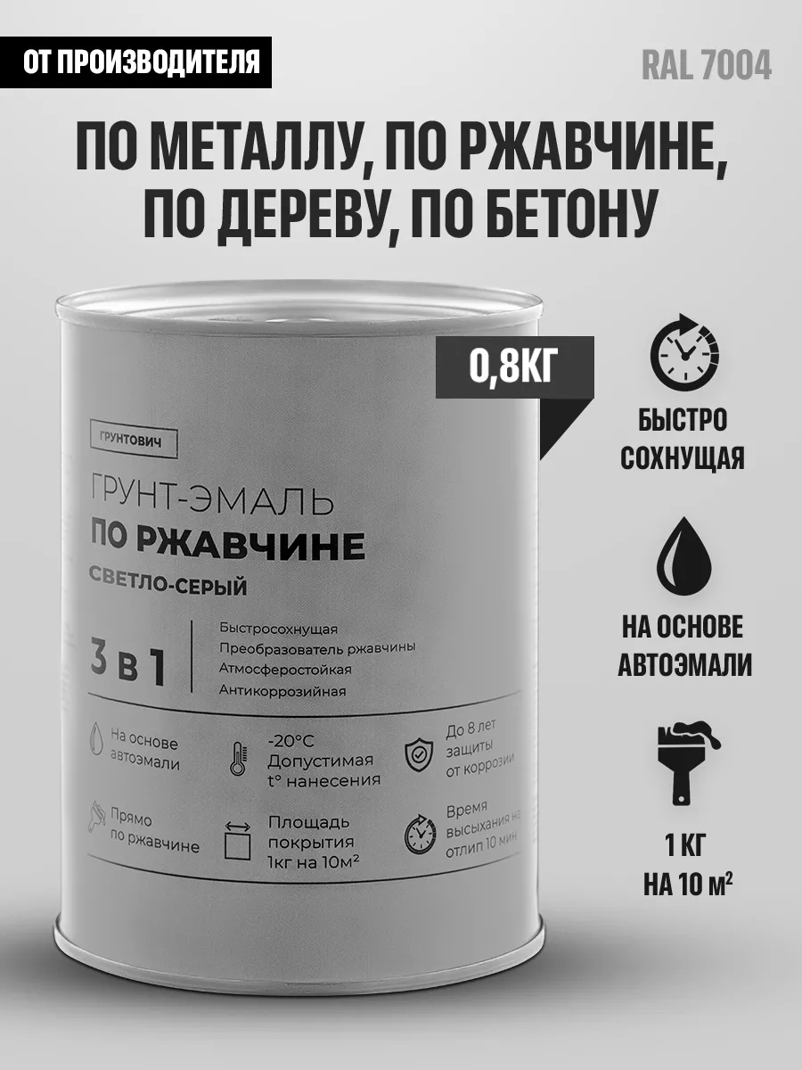 Краска по металлу и ржавчине светло-серая 0,8 кг RAL 7004