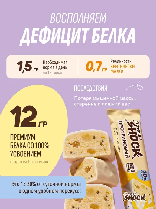 FitnesSHOCK Протеиновые батончики без сахара Лимон Чиа 12 шт по 40 гр, 12 шт, 40 г, фото 4