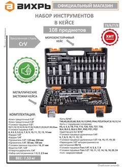 Набор инструментов 1 2", 1 4", CrV, в кейсе 108 предметов