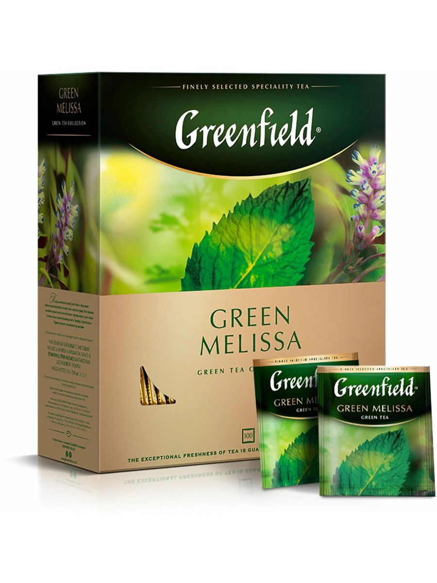 Green Melissa Greenfield 100 пакетиков. Чай Гринфилд 100 пакетиков зеленый.