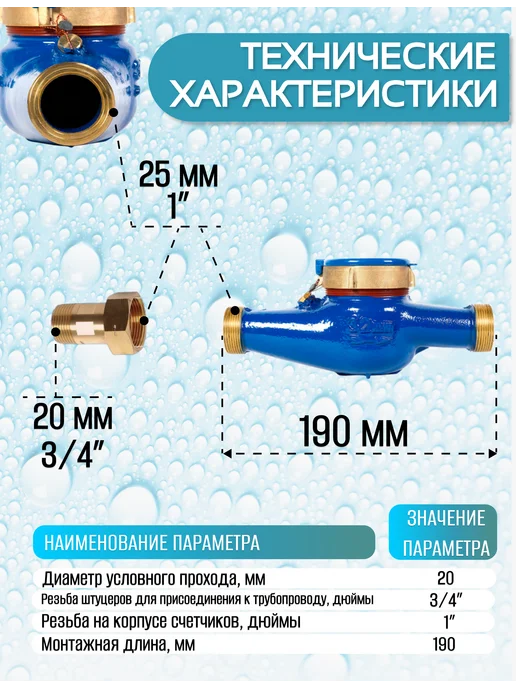 ЭКОМЕРА Счетчик воды мокроход (D-20мм, L-190мм) с глицерином с КМЧ, синий, фото 3