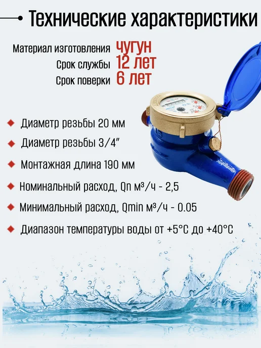 ЭКОМЕРА Счетчик воды мокроход (D-20мм, L-190мм) с глицерином с КМЧ, синий, фото 4