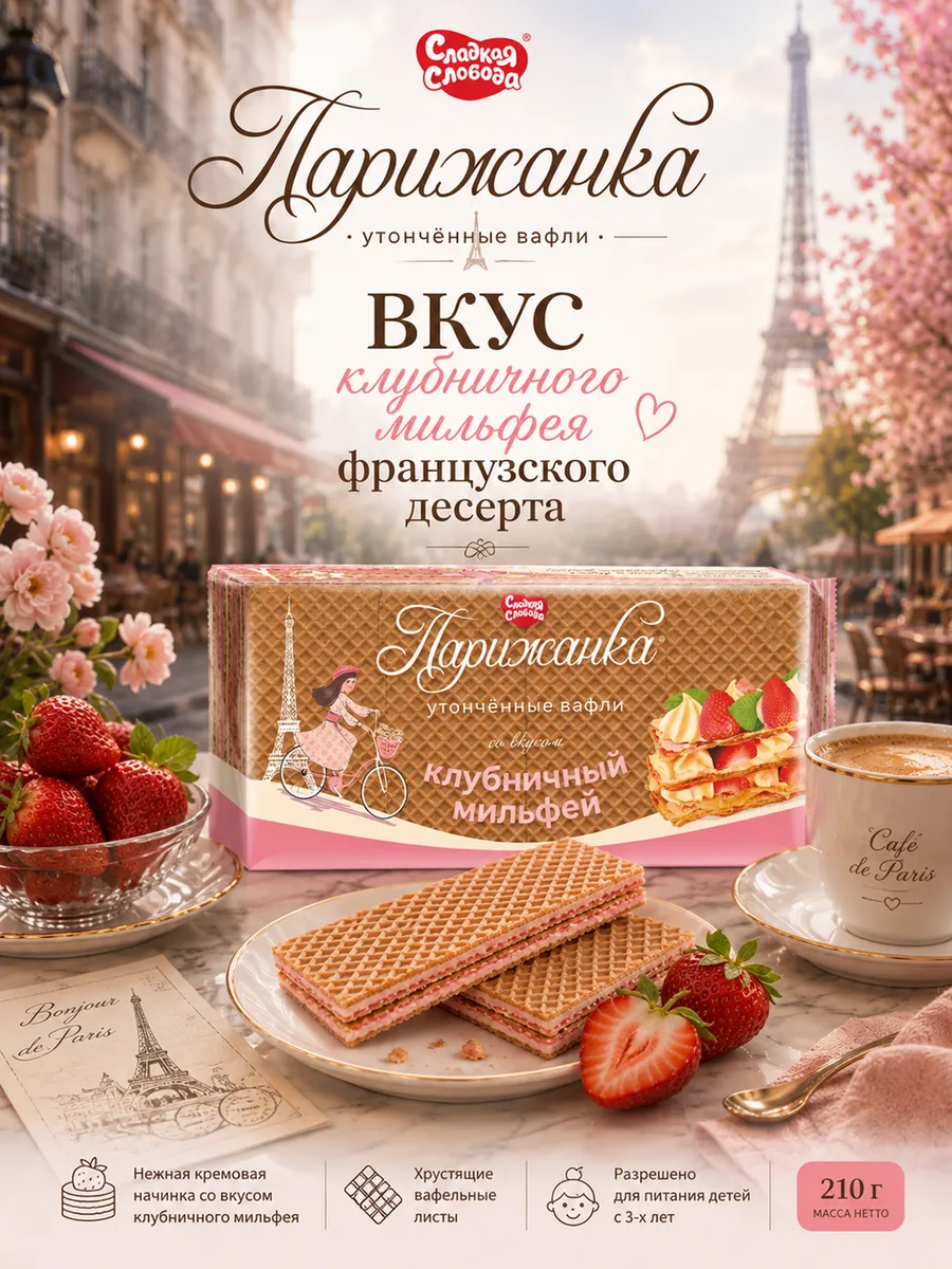 Вафли Парижанка со вкусом клубничный мильфей 210 гр