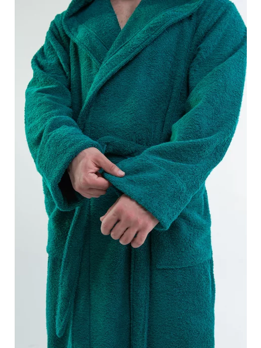 BIO-TEXTILES Халат махровый с капюшоном домашний теплый банный, зеленый