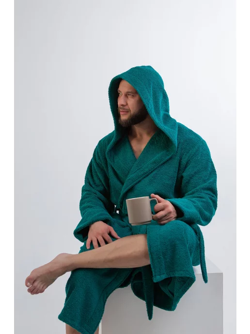 BIO-TEXTILES Халат махровый с капюшоном домашний теплый банный, зеленый, фото 2