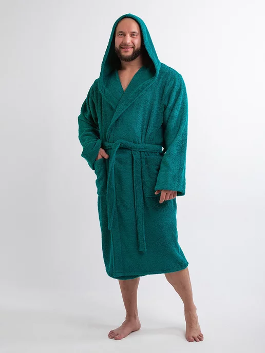 BIO-TEXTILES Халат махровый с капюшоном домашний теплый банный, зеленый, фото 4
