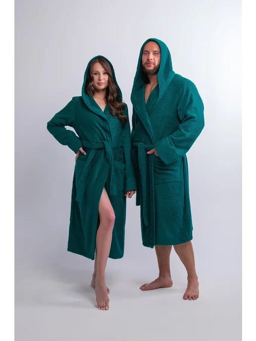 BIO-TEXTILES Халат махровый с капюшоном домашний теплый банный, зеленый, фото 6