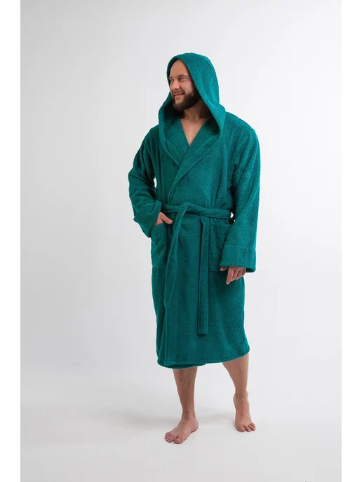 BIO-TEXTILES Халат махровый с капюшоном домашний теплый банный, зеленый, фото 7