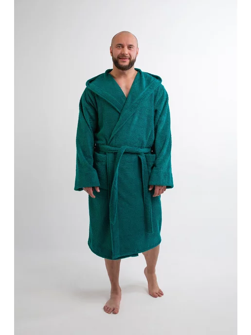 BIO-TEXTILES Халат махровый с капюшоном домашний теплый банный, зеленый, фото 8