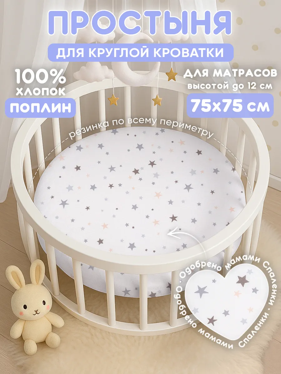 Простынь на резинке 75х75 для круглой кроватки,хлопок