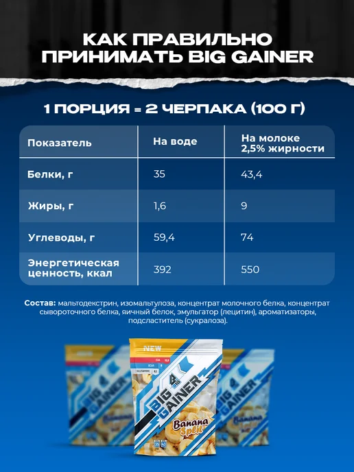BIGSNT Гейнер для быстрого набора массы высокобелковый углеводный б…, вариант, фото 5