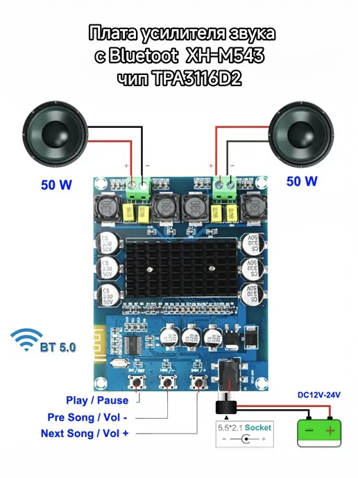 caralex Плата усилителя звук TPA3116D2 с блютуз XH-M543