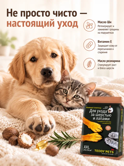 Teddy pets Салфетки для лап собак после прогулки 3 уп по 60 шт, 60 шт, фото 2