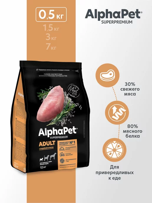 Сухой корм AlphaPet для собак, взрослые, мелкие, индейка, 0,5 кг