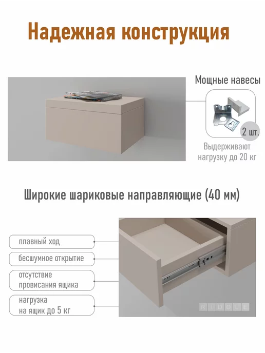 RIDDLE Тумба прикроватная ТАЙВУД подвесная консоль 40 см, серый, фото 5
